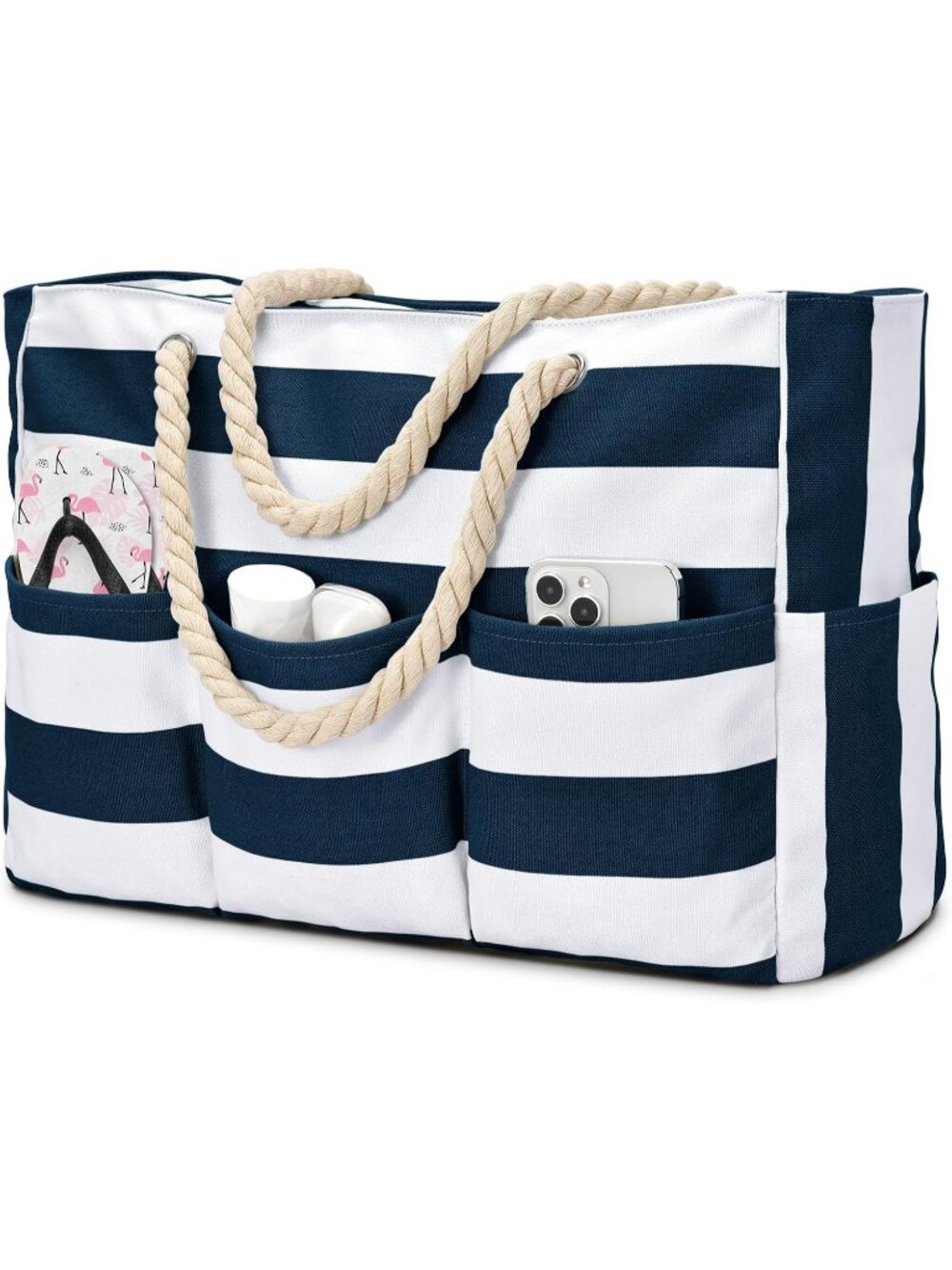 Women's Dark Blue Large Canva Beach Tote Waterproof Sandproof Foldable Bag